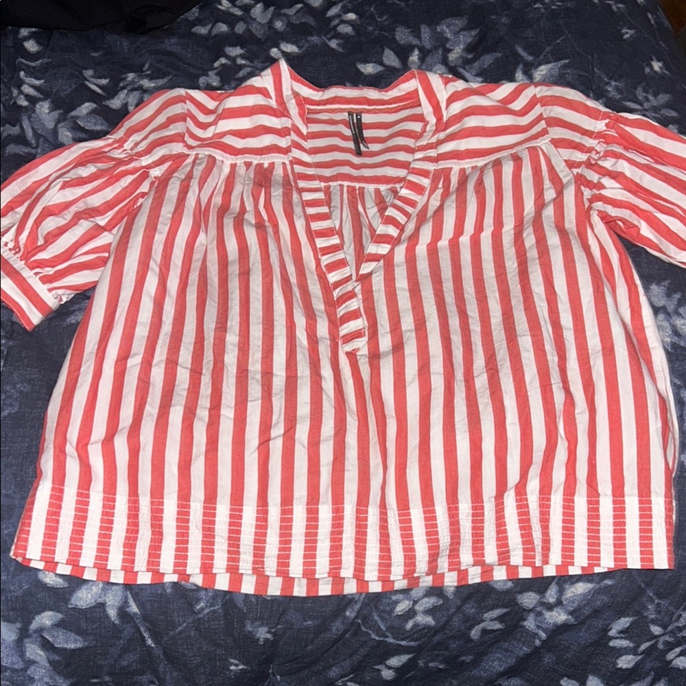 Anthropologie Coral and White Striped V-Neck Tunic